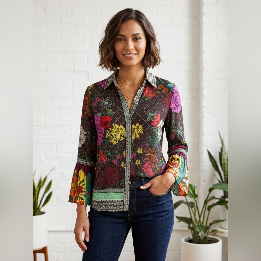 Alice and Olivia Floral Print Long-Sleeve Blouse with Bell Cuffs - Multicolor